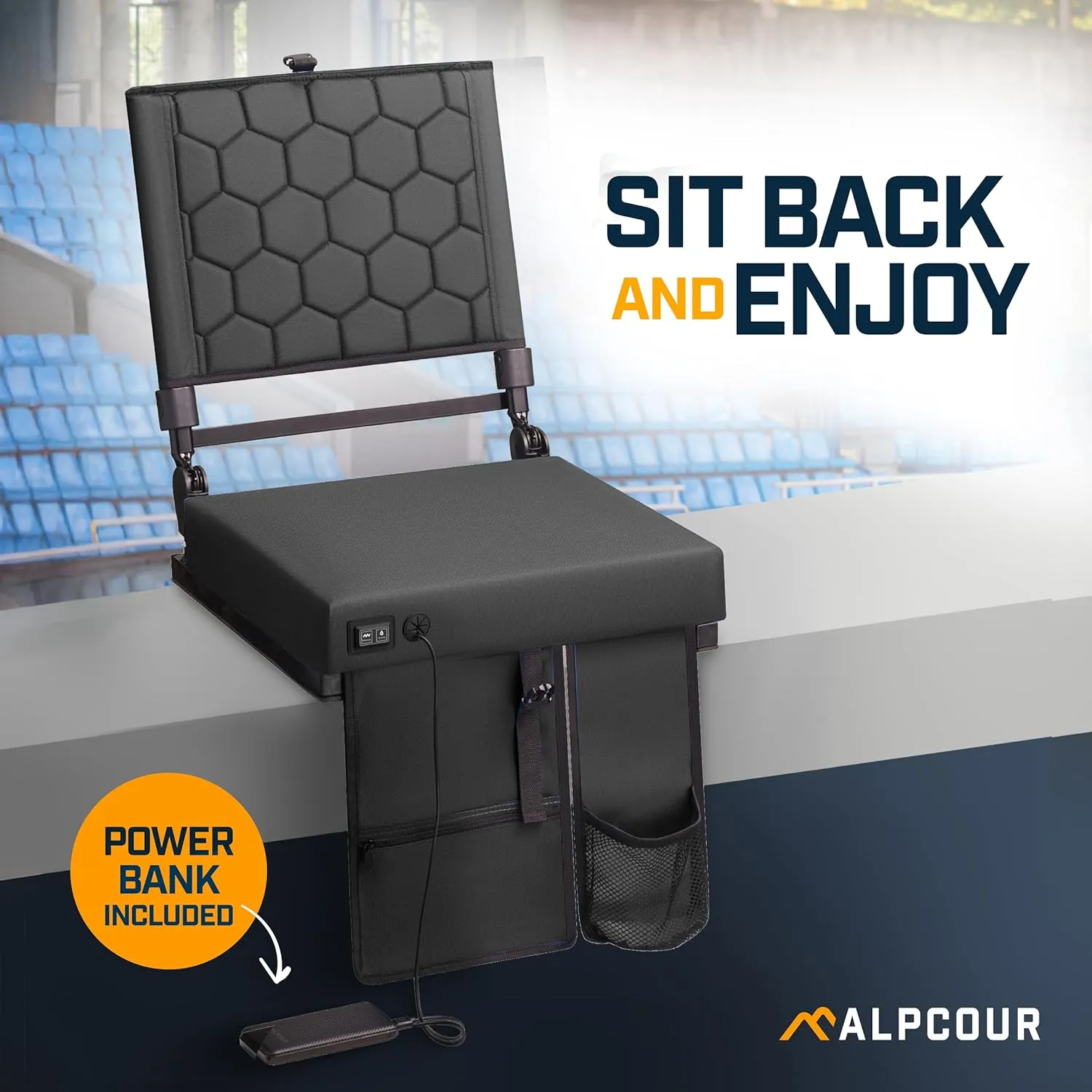 Alpcour Foldable Reclining Heated Massage Stadium Seat with Multiple Pockets, Anti-Slip Bottom, Bleacher Hooks, Bag Hook, Adjustable Height