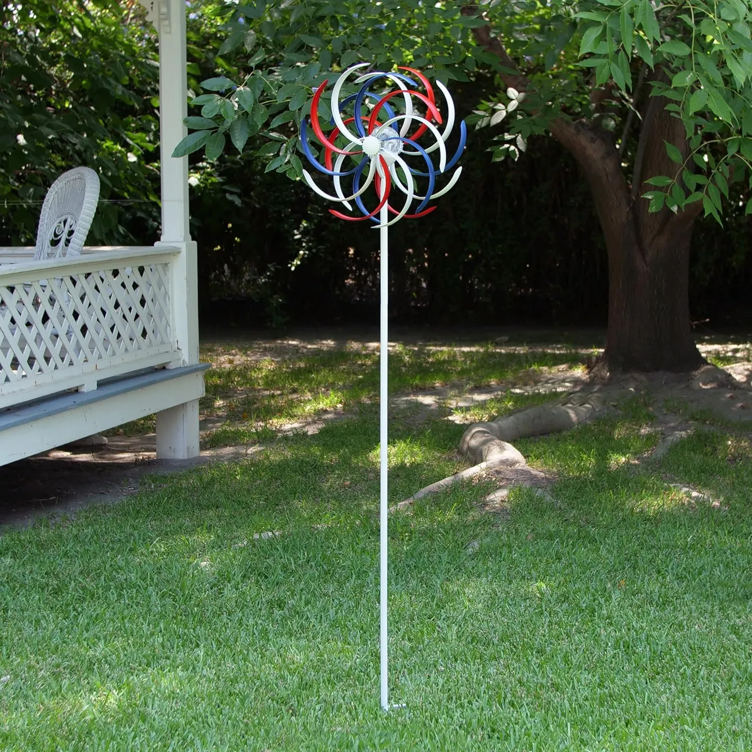 Alpine Corporation 68" Tall Outdoor Solar Powered Patriotic Dual Windmill Spinner Stake Yard Decoration, Red, White, and Blue