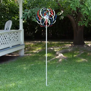 Alpine Corporation 68" Tall Outdoor Solar Powered Patriotic Dual Windmill Spinner Stake Yard Decoration, Red, White, and Blue