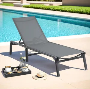 Aluminum Chaise Lounge Chair Outdoor, Foldable & Assembly Free Outdoor Lounge Chair with 5 Position Adjustable Backrest, Patio Pool Lounge Chairs for Outside Poolside Beach Lawn, 1PC, Grey