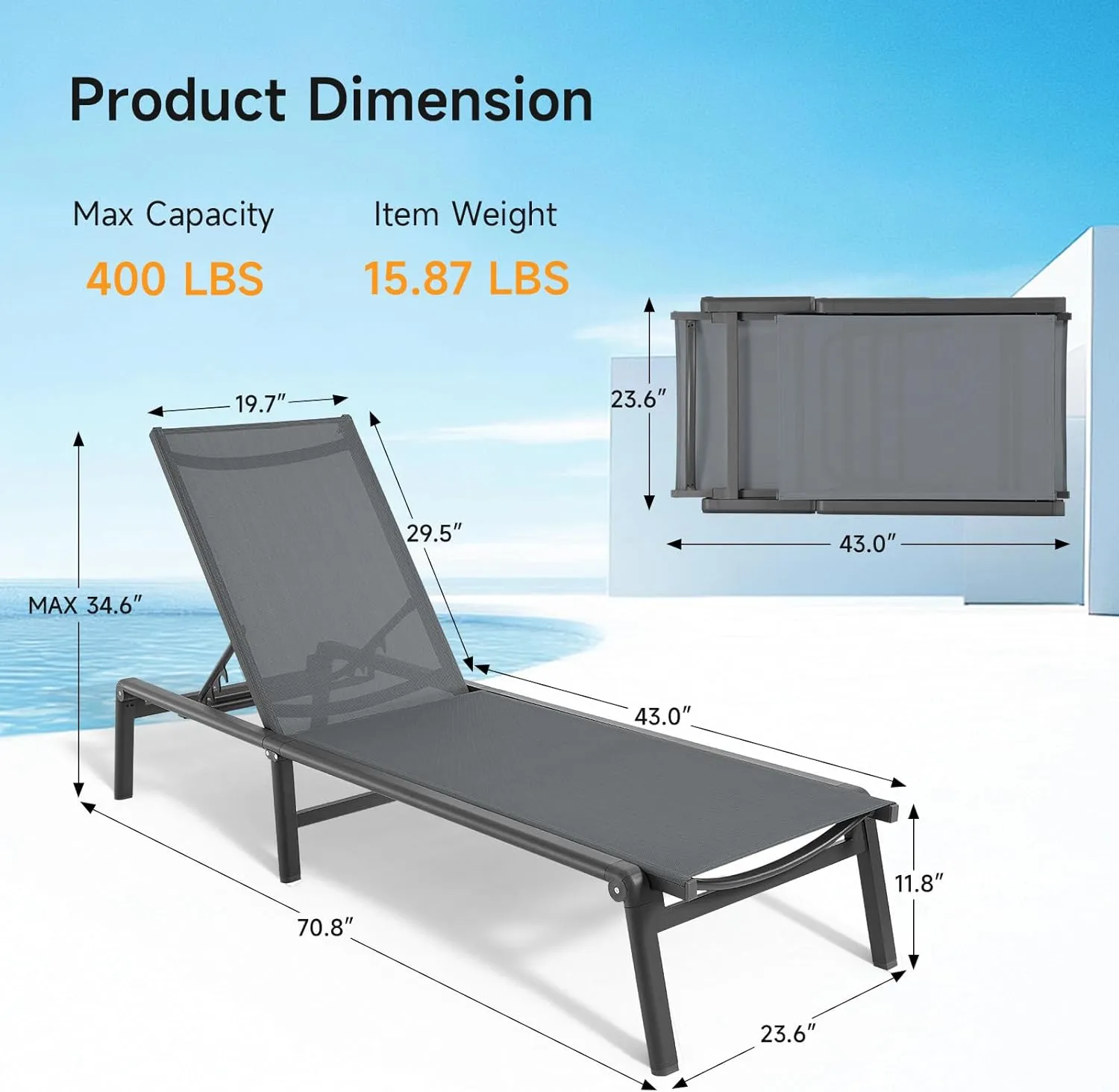 Aluminum Chaise Lounge Chair Outdoor, Foldable & Assembly Free Outdoor Lounge Chair with 5 Position Adjustable Backrest, Patio Pool Lounge Chairs for Outside Poolside Beach Lawn, 1PC, Grey