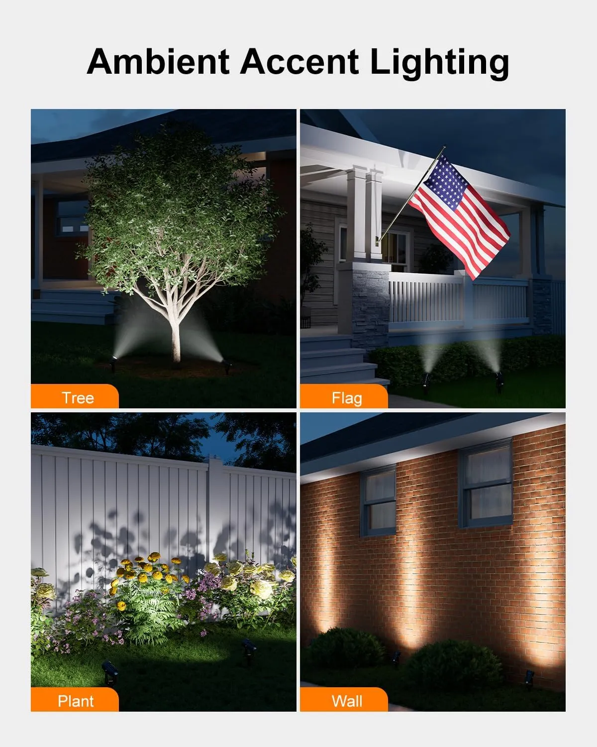 Aluminum Solar Landscape Spotlights Outdoor Waterproof 15.7ft Cable for Tree, Flag, Wall, Number Sign, Statue, LED Flood Security Light for Yard, House, Garden with Detached Panel (Cool White, 2-in-1)