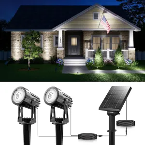 Aluminum Solar Landscape Spotlights Outdoor Waterproof 15.7ft Cable for Tree, Flag, Wall, Number Sign, Statue, LED Flood Security Light for Yard, House, Garden with Detached Panel (Cool White, 2-in-1)