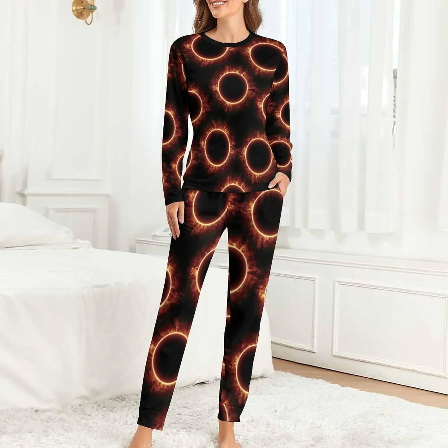 Amazing Solar Eclipse Pattern Women's Pajamas Set Long Sleeve Sleepwear Soft Pjs Lounge Sets with Pockets