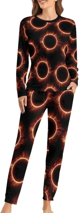 Amazing Solar Eclipse Pattern Women's Pajamas Set Long Sleeve Sleepwear Soft Pjs Lounge Sets with Pockets