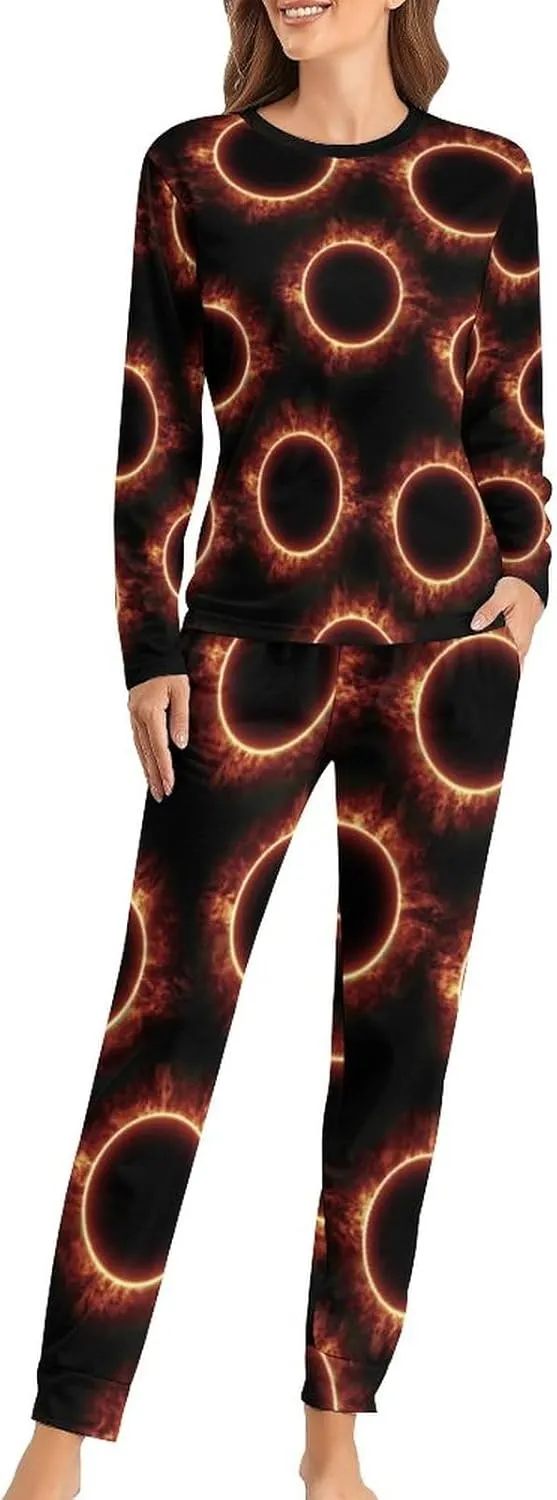 Amazing Solar Eclipse Pattern Women's Pajamas Set Long Sleeve Sleepwear Soft Pjs Lounge Sets with Pockets