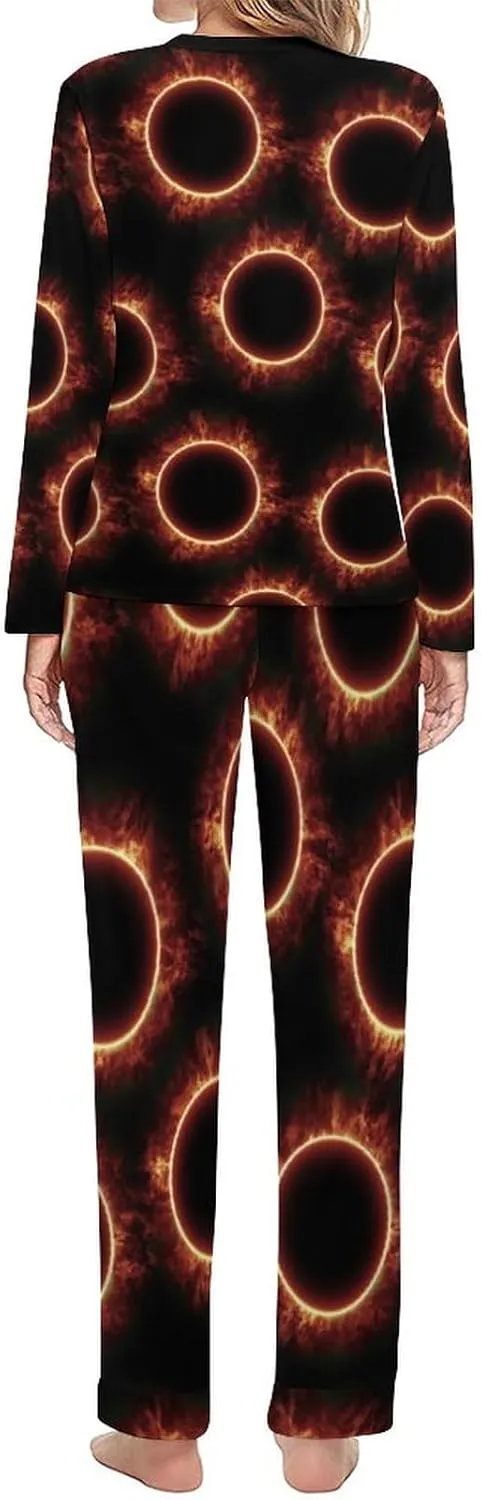 Amazing Solar Eclipse Pattern Women's Pajamas Set Long Sleeve Sleepwear Soft Pjs Lounge Sets with Pockets