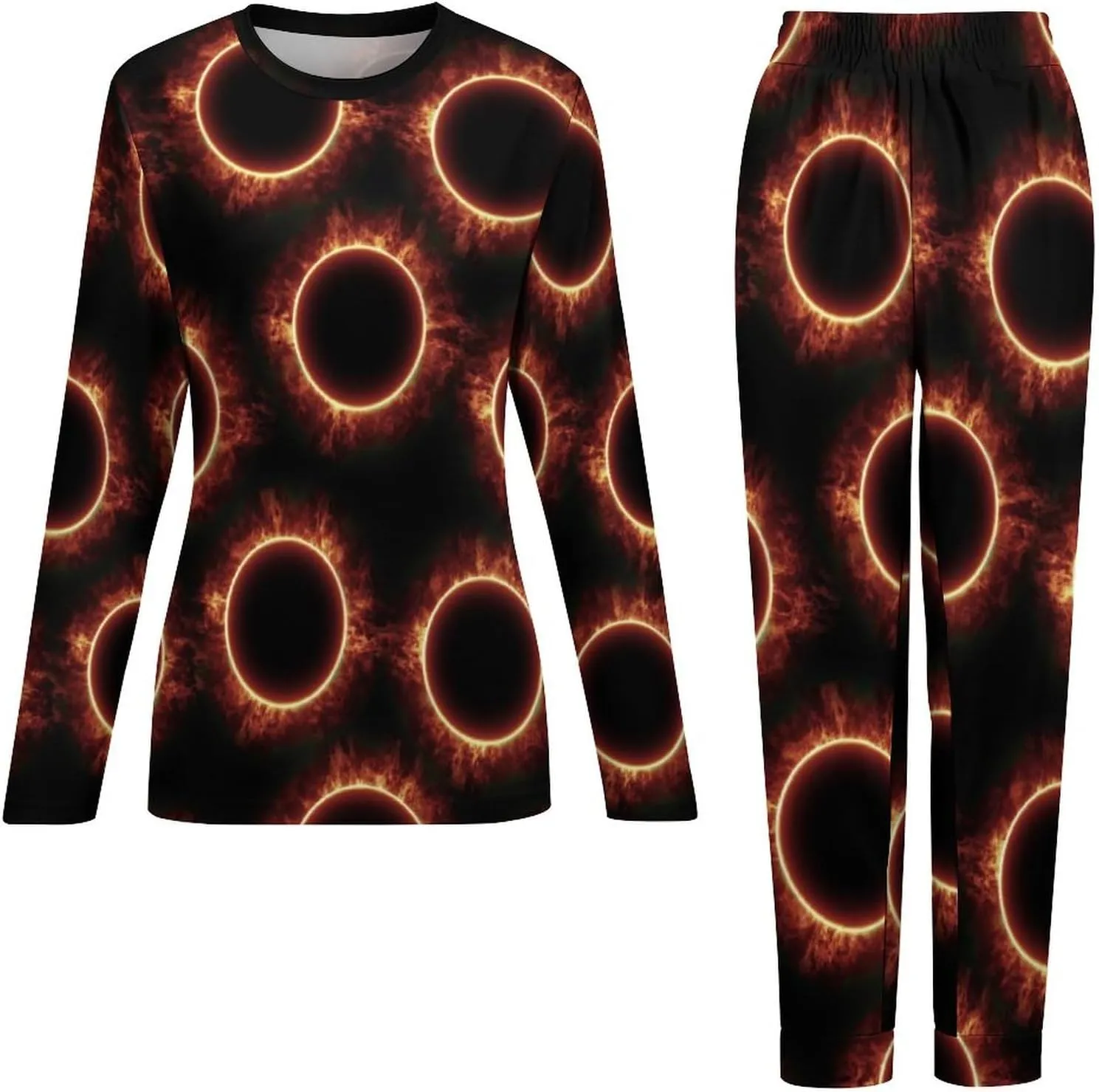 Amazing Solar Eclipse Pattern Women's Pajamas Set Long Sleeve Sleepwear Soft Pjs Lounge Sets with Pockets