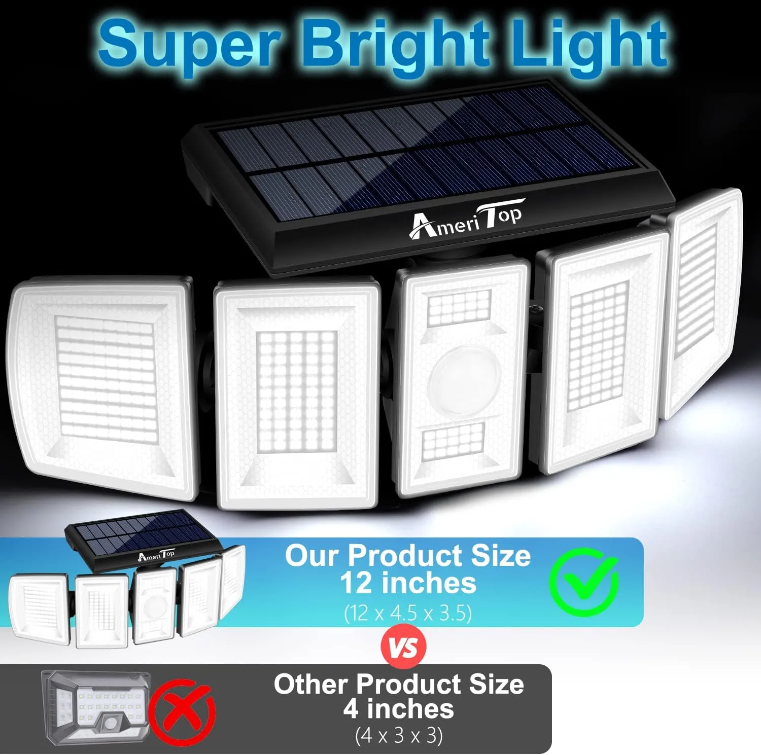 AmeriTop Solar Lights Outdoor 300 LED 6500K Motion Sensor Lights Cordless; 5 Adjustable Heads, 360° Wide Angle Illumination, IP65 Waterproof, Security Flood Light for Patio Yard Garden 2 Pack
