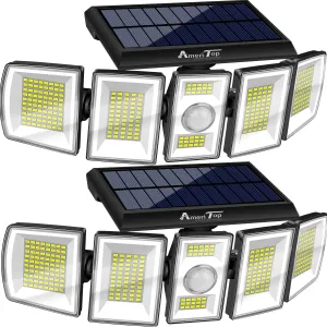 AmeriTop Solar Lights Outdoor 300 LED 6500K Motion Sensor Lights Cordless; 5 Adjustable Heads, 360° Wide Angle Illumination, IP65 Waterproof, Security Flood Light for Patio Yard Garden 2 Pack