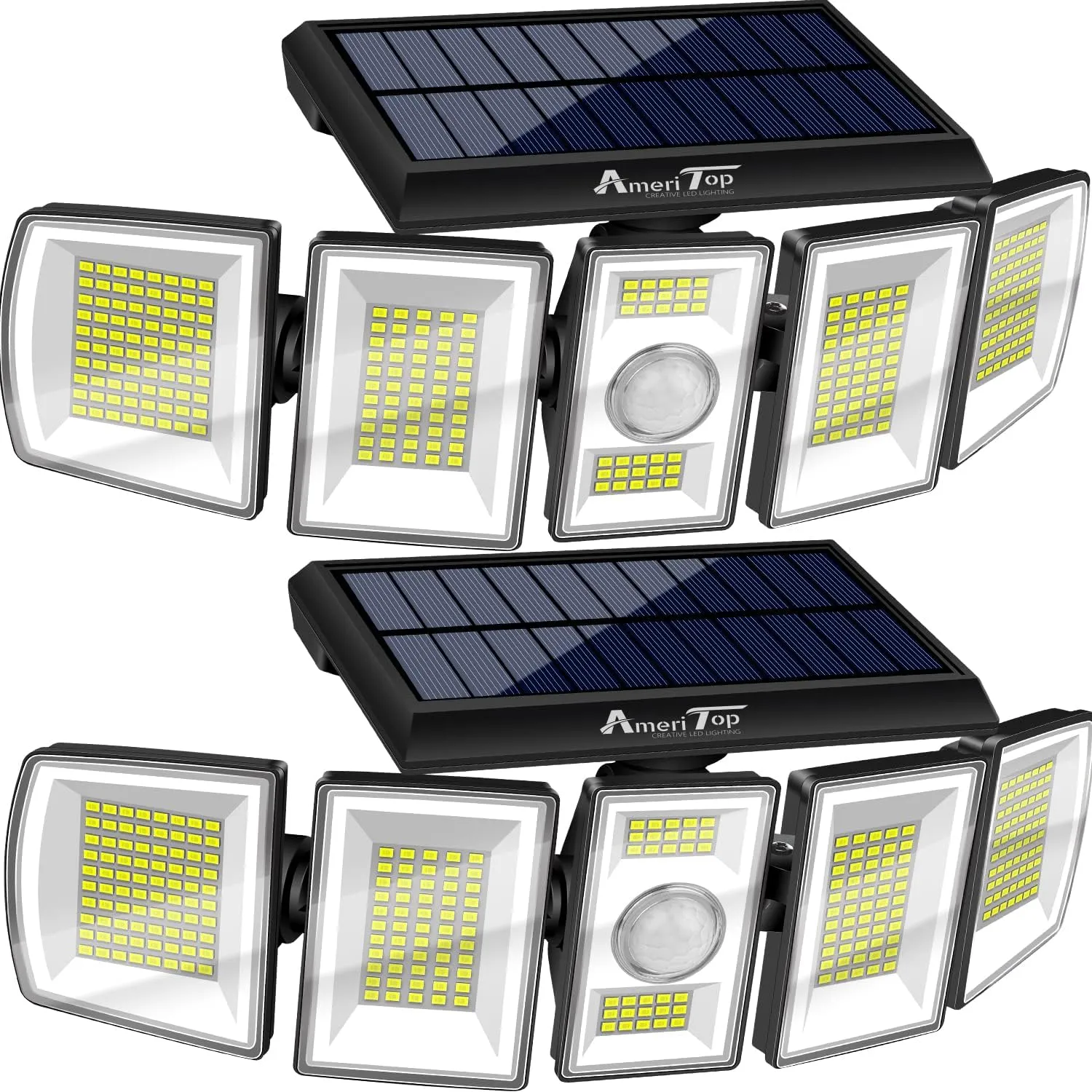 AmeriTop Solar Lights Outdoor 300 LED 6500K Motion Sensor Lights Cordless; 5 Adjustable Heads, 360° Wide Angle Illumination, IP65 Waterproof, Security Flood Light for Patio Yard Garden 2 Pack