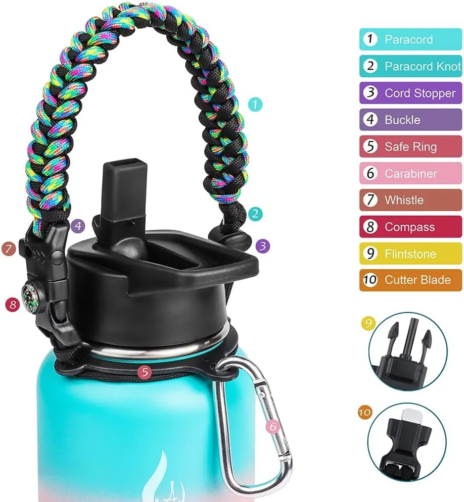 AMITER 32oz Insulated Bottle with Straw & Spout Lid, Wide Mouth Stainless Steel Water Bottles with Paracord Handle
