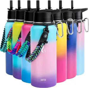 AMITER 32oz Insulated Bottle with Straw & Spout Lid, Wide Mouth Stainless Steel Water Bottles with Paracord Handle