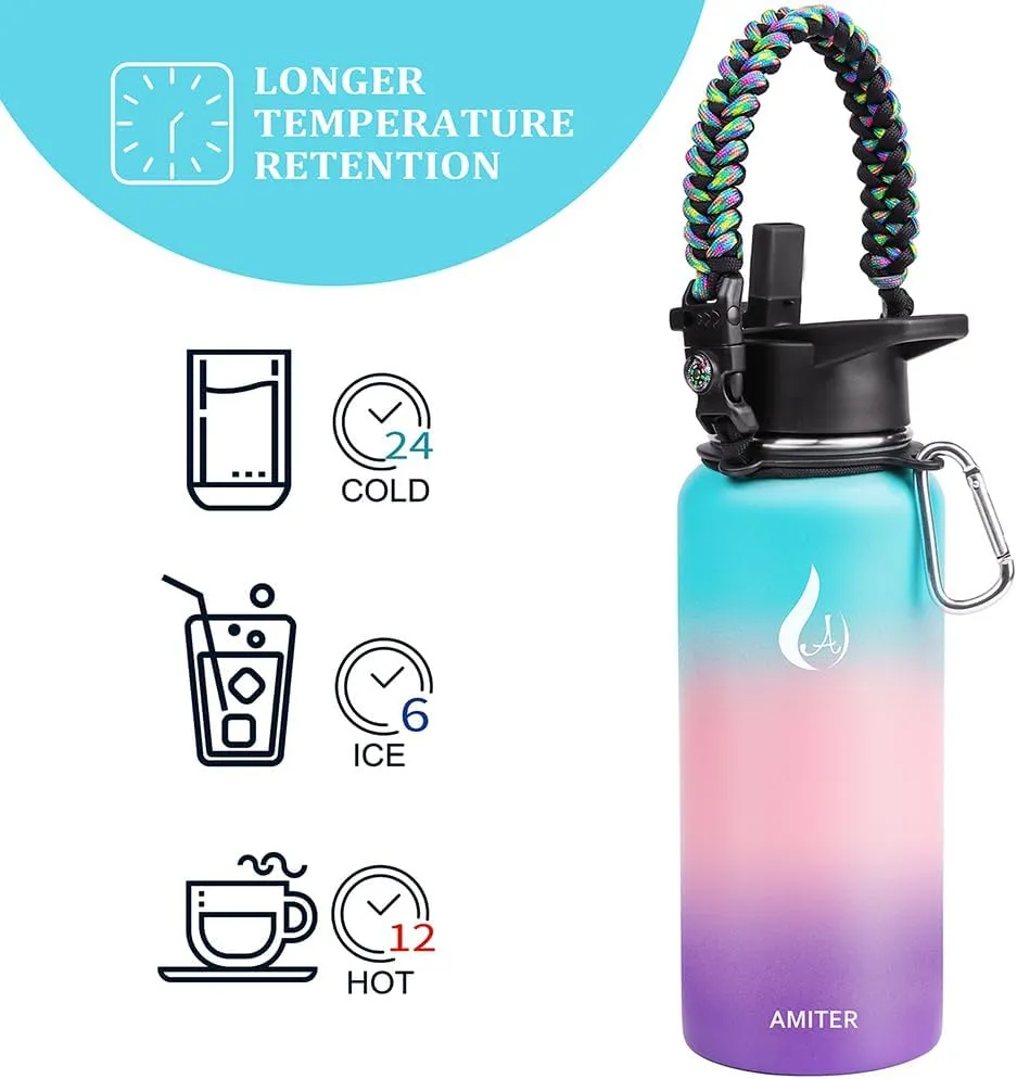 AMITER 32oz Insulated Bottle with Straw & Spout Lid, Wide Mouth Stainless Steel Water Bottles with Paracord Handle