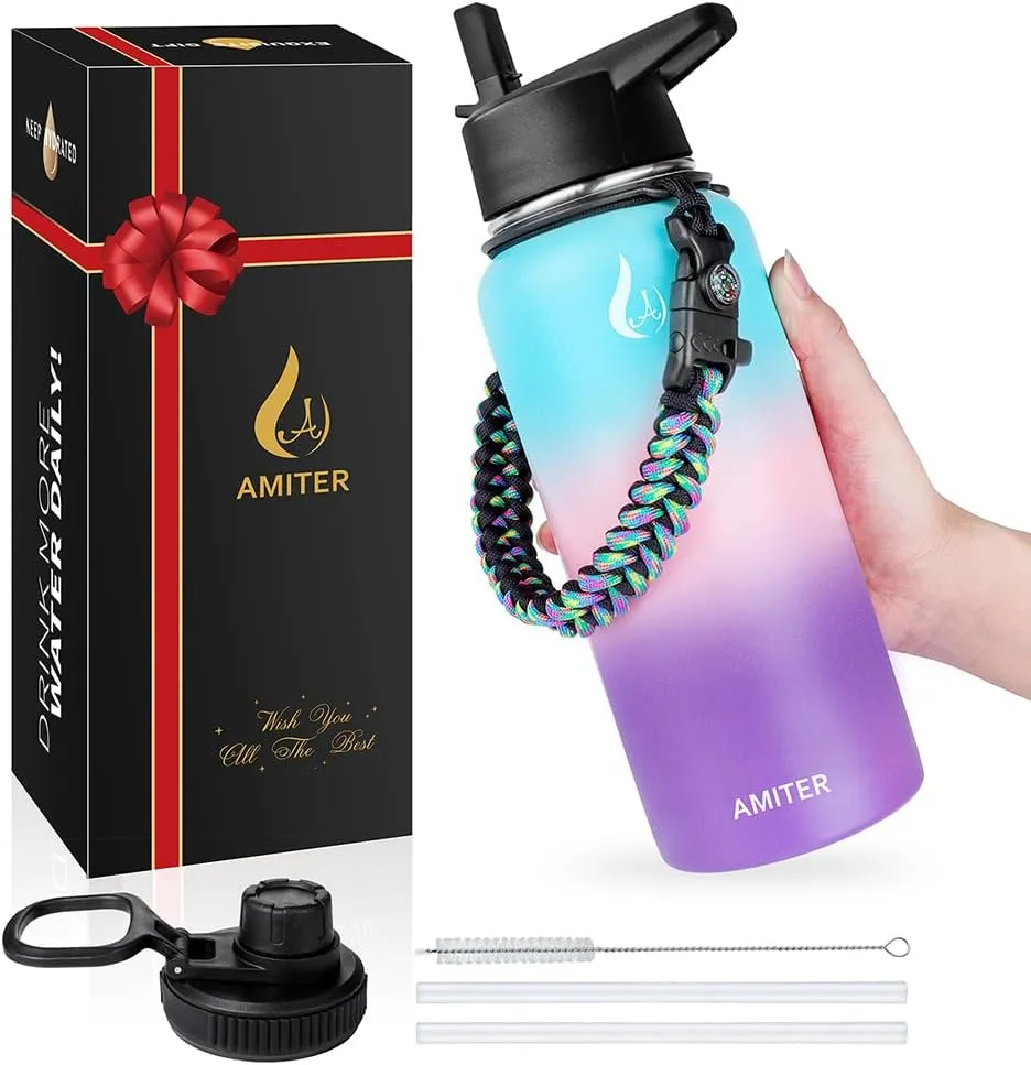 AMITER 32oz Insulated Bottle with Straw & Spout Lid, Wide Mouth Stainless Steel Water Bottles with Paracord Handle