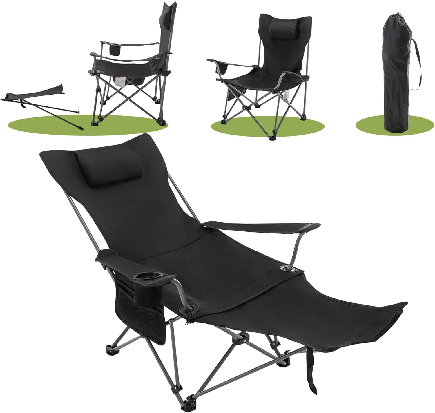 Andeworld Reclining Camping Chair with Removable Footrest,Portable Adjustable Folding Camping Lounge Chair with Headrest Cup Holder Storage Bag for Fishing,Camp,Picnics,Beach,Lawn,Black