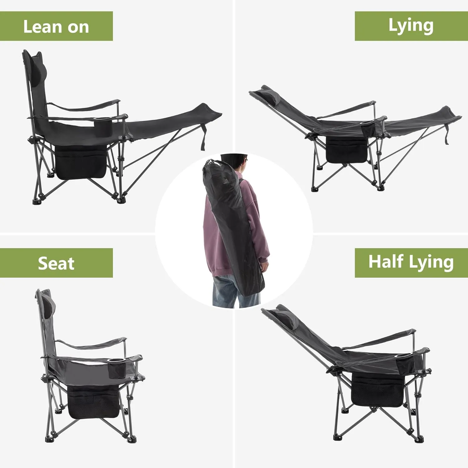Andeworld Reclining Camping Chair with Removable Footrest,Portable Adjustable Folding Camping Lounge Chair with Headrest Cup Holder Storage Bag for Fishing,Camp,Picnics,Beach,Lawn,Black