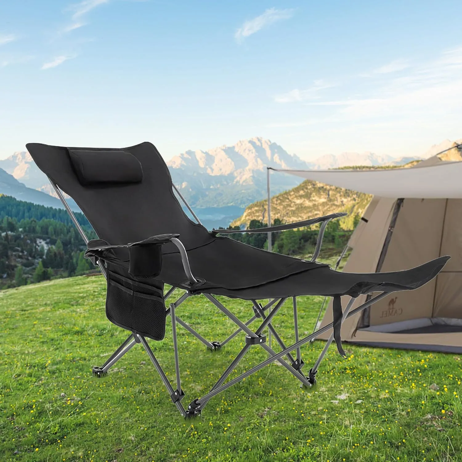 Andeworld Reclining Camping Chair with Removable Footrest,Portable Adjustable Folding Camping Lounge Chair with Headrest Cup Holder Storage Bag for Fishing,Camp,Picnics,Beach,Lawn,Black