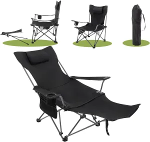 Andeworld Reclining Camping Chair with Removable Footrest,Portable Adjustable Folding Camping Lounge Chair with Headrest Cup Holder Storage Bag for Fishing,Camp,Picnics,Beach,Lawn,Black