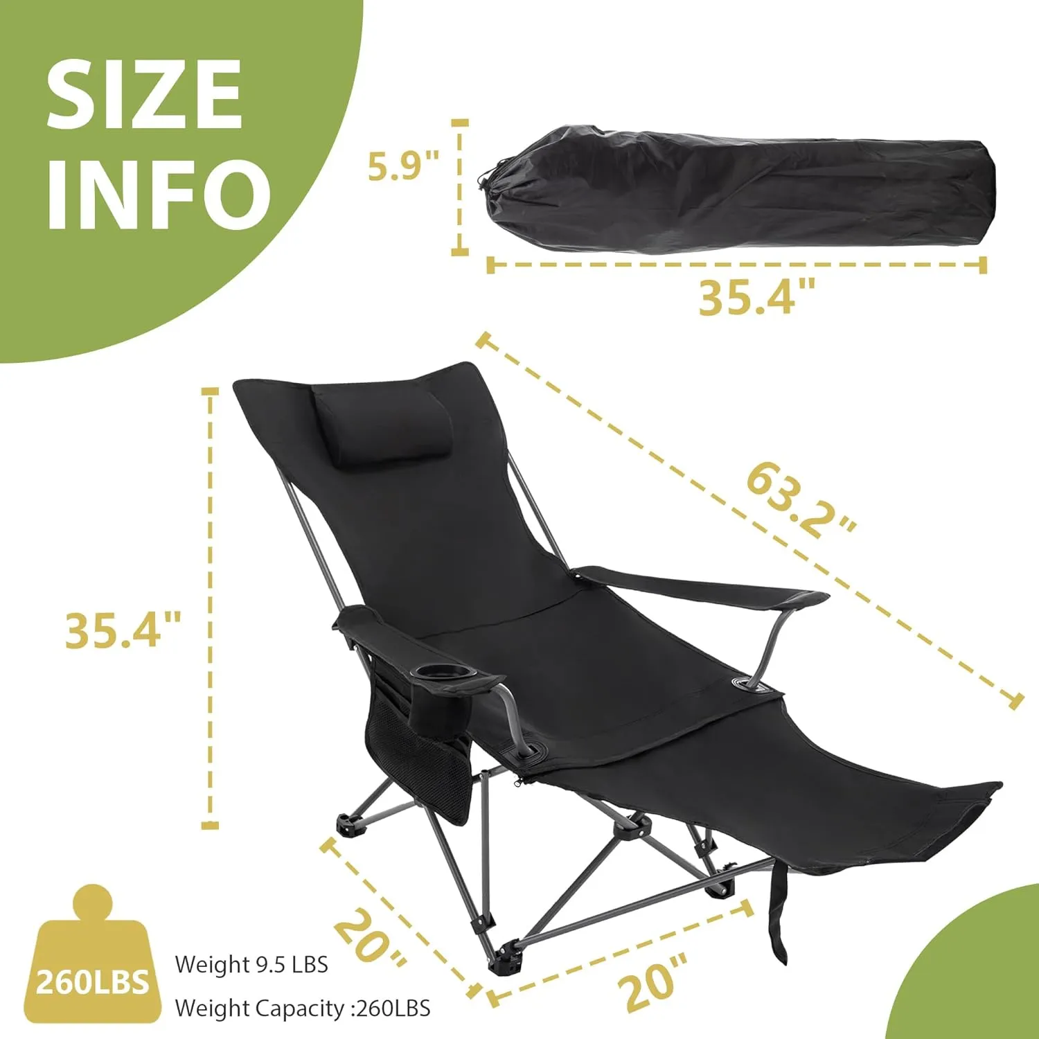 Andeworld Reclining Camping Chair with Removable Footrest,Portable Adjustable Folding Camping Lounge Chair with Headrest Cup Holder Storage Bag for Fishing,Camp,Picnics,Beach,Lawn,Black