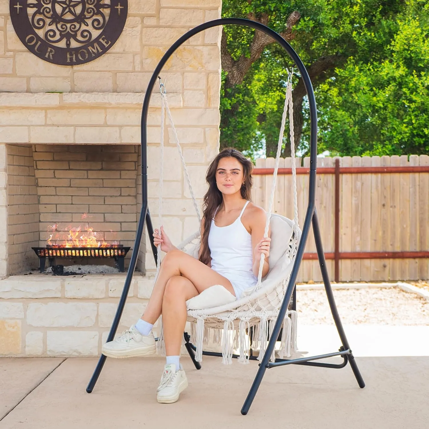 ANOW Macrame Hammock Chair with Stand, Heavy Duty Hanging Chair Stand with Swing Chair, Includes Luxury Padded Cushion, Max 330 Lbs, Natural
