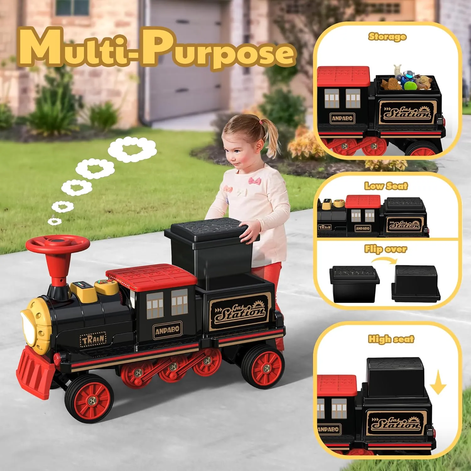 ANPABO 2-Seater Ride On Train Trackless, 12V Kids Car with Height-Adjustable Seat, Extra Storage, Headlight, Train Whistle & Music, Electric Car for Kids 3  (Carriage Not Included), Red