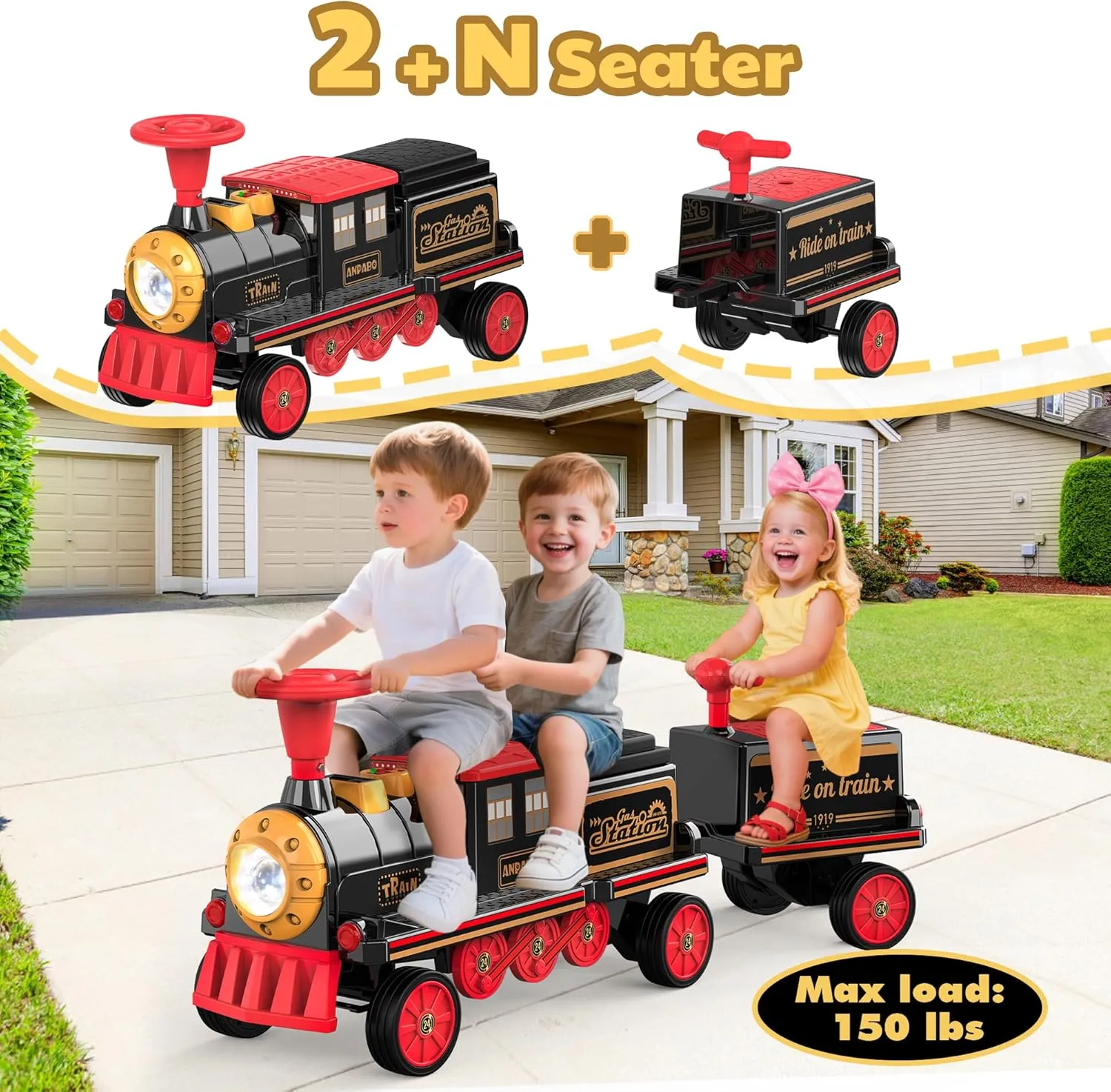 ANPABO 2-Seater Ride On Train Trackless, 12V Kids Car with Height-Adjustable Seat, Extra Storage, Headlight, Train Whistle & Music, Electric Car for Kids 3  (Carriage Not Included), Red