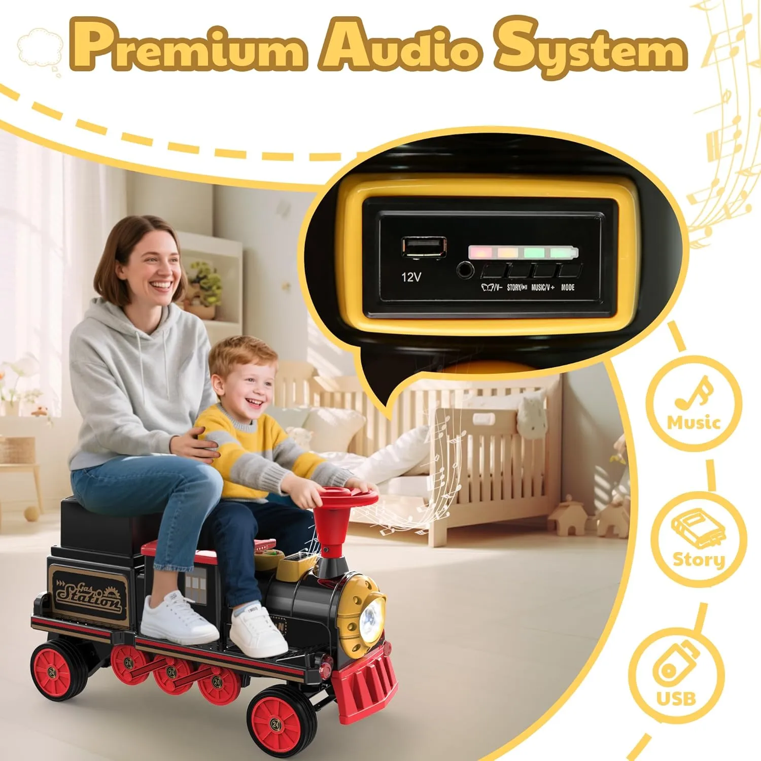 ANPABO 2-Seater Ride On Train Trackless, 12V Kids Car with Height-Adjustable Seat, Extra Storage, Headlight, Train Whistle & Music, Electric Car for Kids 3  (Carriage Not Included), Red