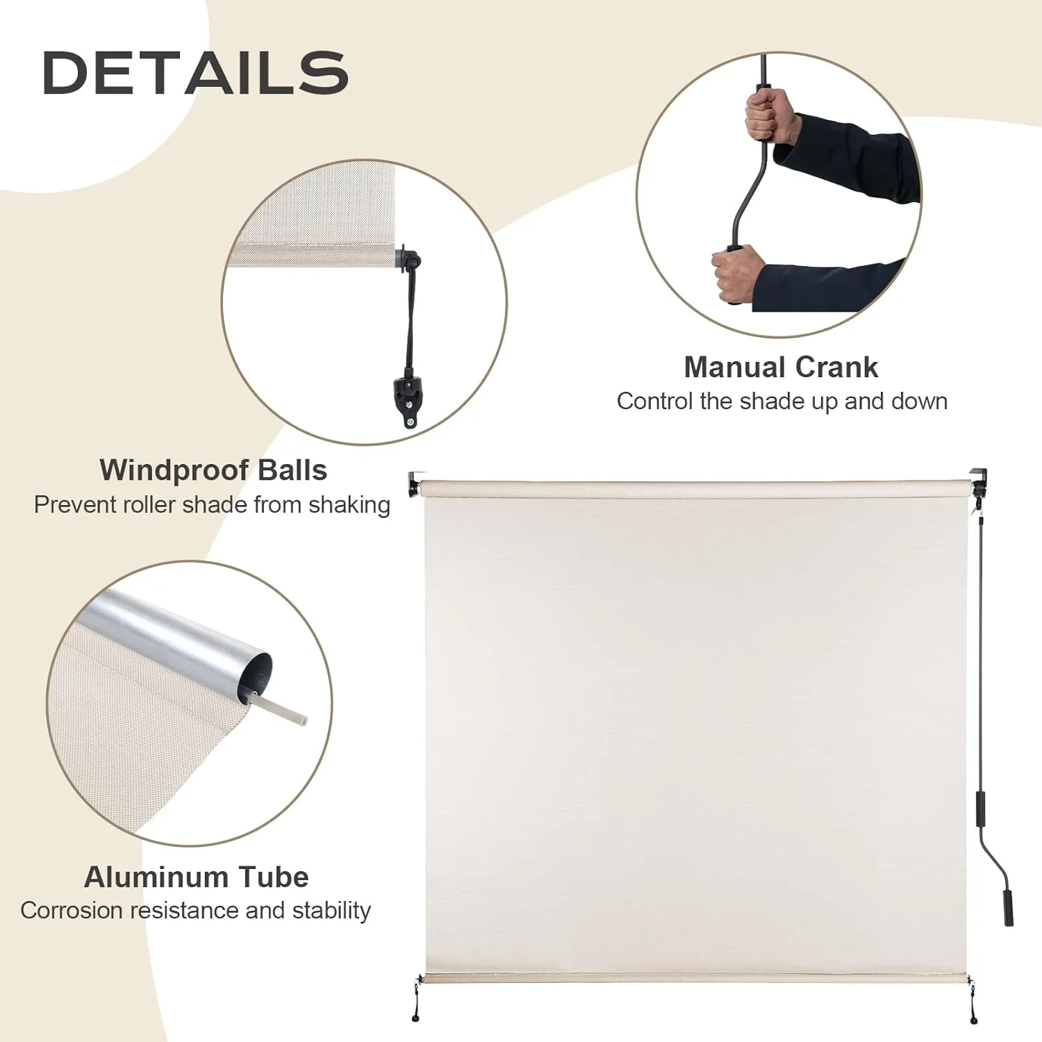 Aoodor 5% Openness Cordless Solar Fabric Roller Shade, 5'W x 8'H Sun Shade for Outdoor Gazebo Pergola Porch, 95% UV Protection