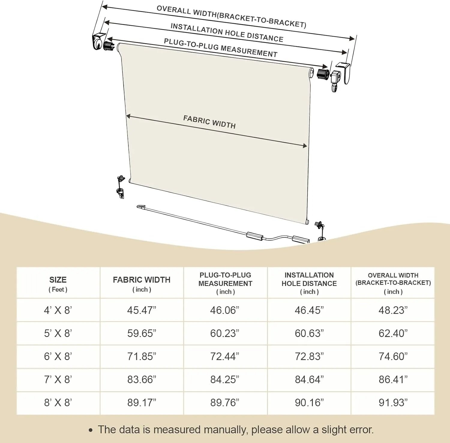 Aoodor 5% Openness Cordless Solar Fabric Roller Shade, 5'W x 8'H Sun Shade for Outdoor Gazebo Pergola Porch, 95% UV Protection