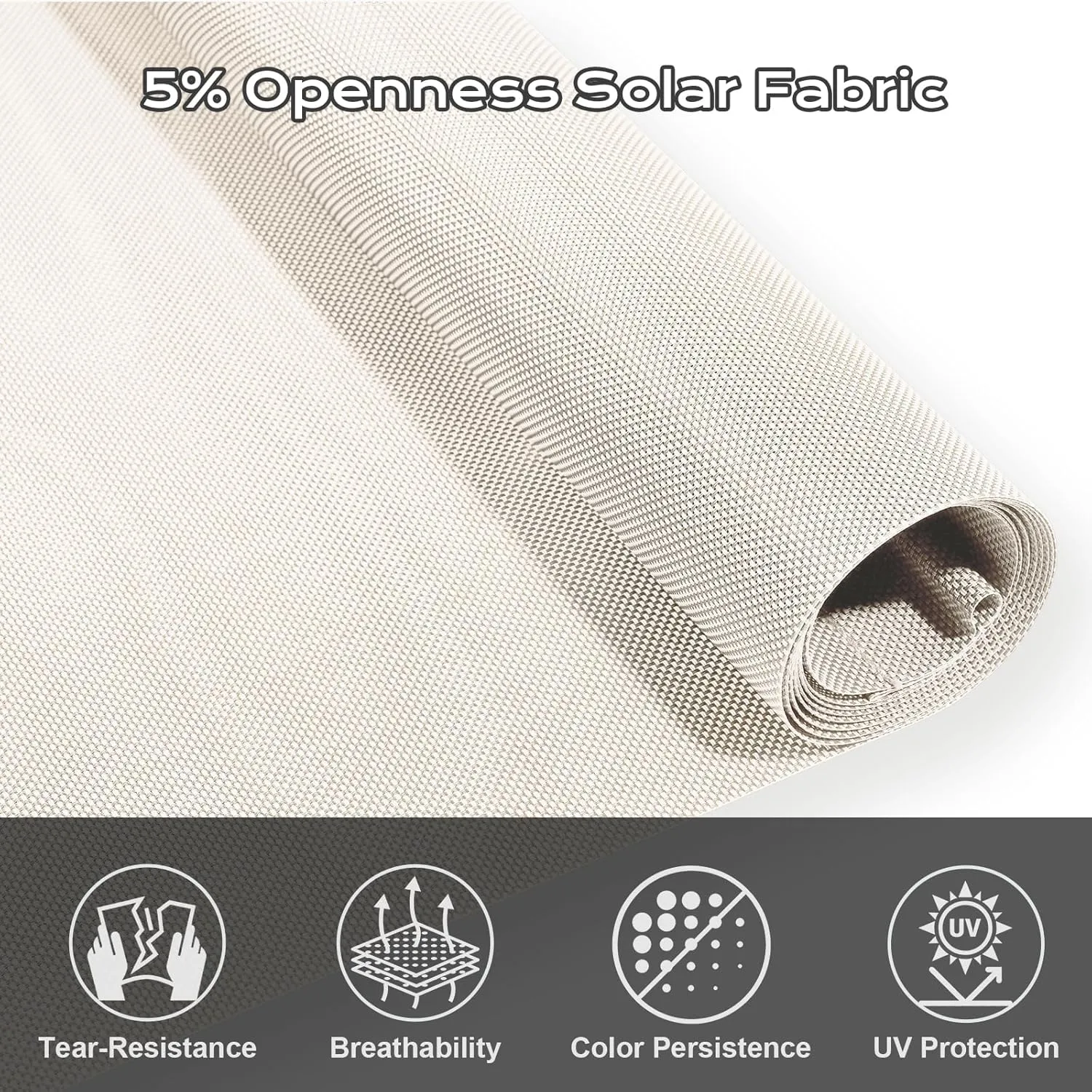 Aoodor 5% Openness Cordless Solar Fabric Roller Shade, 5'W x 8'H Sun Shade for Outdoor Gazebo Pergola Porch, 95% UV Protection