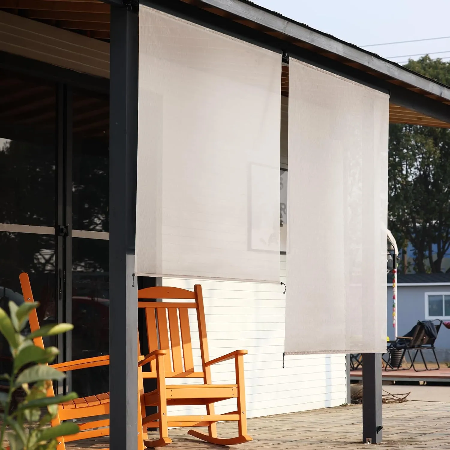 Aoodor 5% Openness Cordless Solar Fabric Roller Shade, 5'W x 8'H Sun Shade for Outdoor Gazebo Pergola Porch, 95% UV Protection
