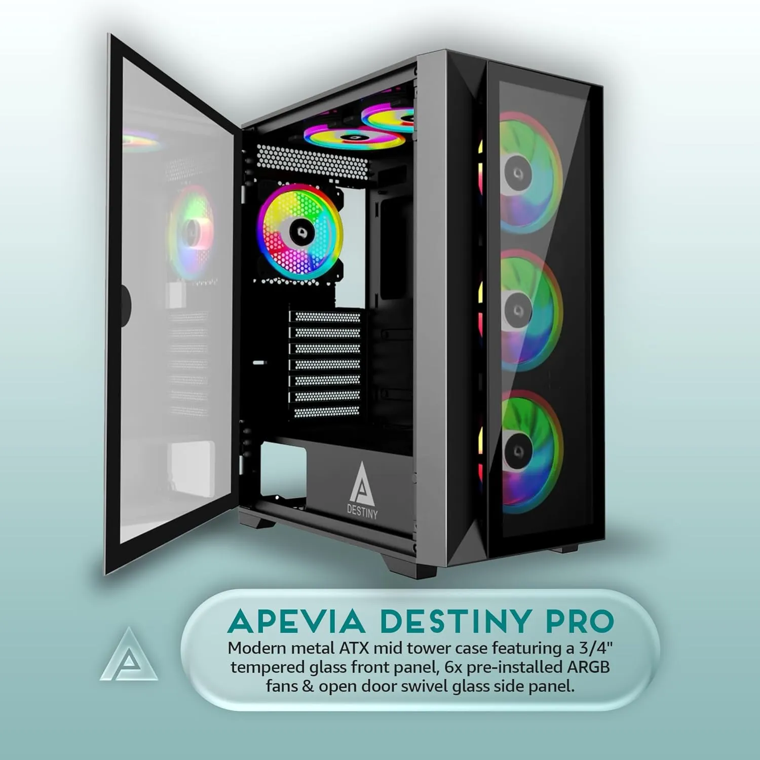 Apevia Destiny-PRO-BK Destiny Pro Mid Tower Gaming PC Case w/ 6X 120mm ARGB Fans, 366 RGB Light Modes, 1x Glass Front Panel, 1x Door Swivel Style Magnetic Glass Side Panel, 2X USB3.0, Black