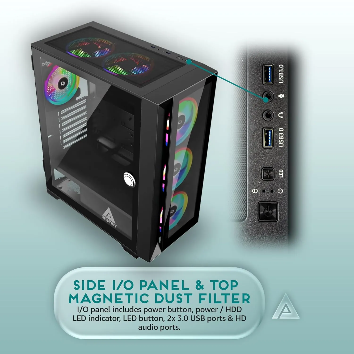 Apevia Destiny-PRO-BK Destiny Pro Mid Tower Gaming PC Case w/ 6X 120mm ARGB Fans, 366 RGB Light Modes, 1x Glass Front Panel, 1x Door Swivel Style Magnetic Glass Side Panel, 2X USB3.0, Black