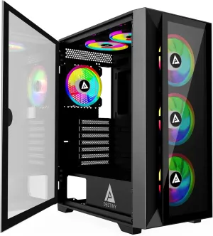 Apevia Destiny-PRO-BK Destiny Pro Mid Tower Gaming PC Case w/ 6X 120mm ARGB Fans, 366 RGB Light Modes, 1x Glass Front Panel, 1x Door Swivel Style Magnetic Glass Side Panel, 2X USB3.0, Black