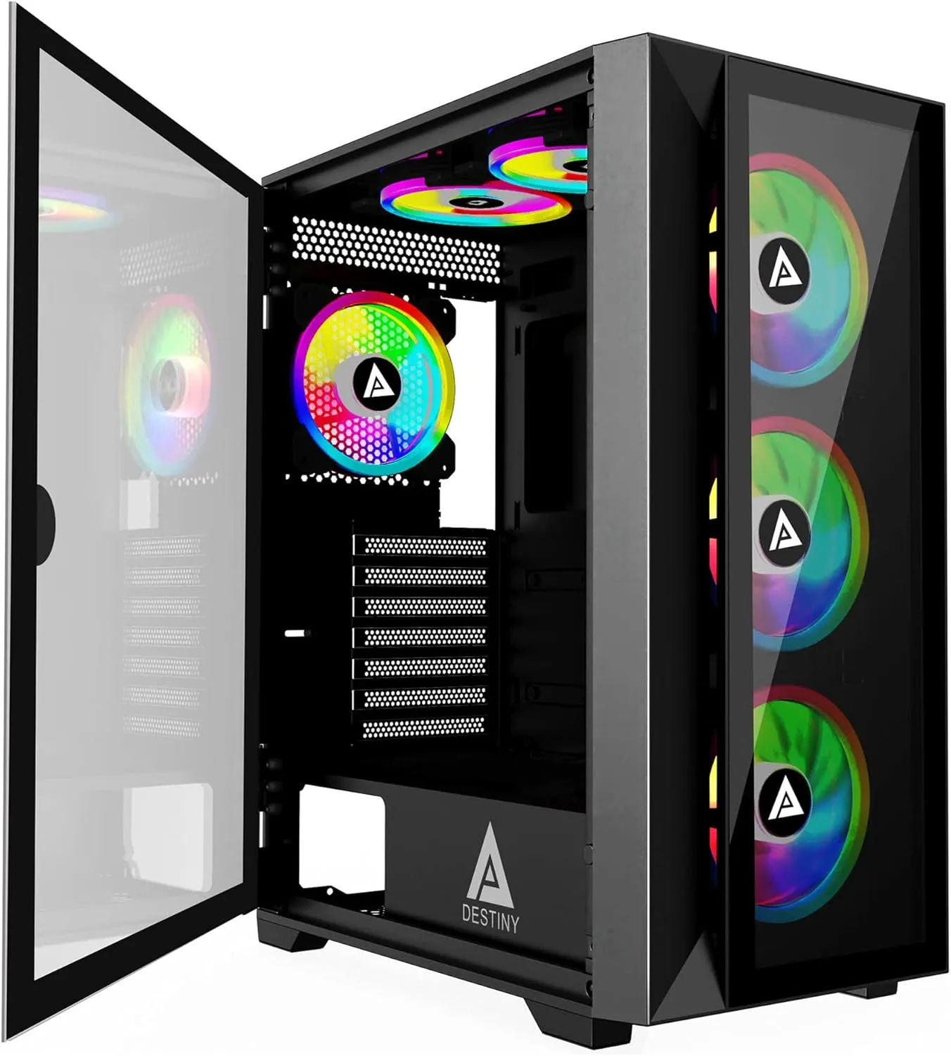 Apevia Destiny-PRO-BK Destiny Pro Mid Tower Gaming PC Case w/ 6X 120mm ARGB Fans, 366 RGB Light Modes, 1x Glass Front Panel, 1x Door Swivel Style Magnetic Glass Side Panel, 2X USB3.0, Black