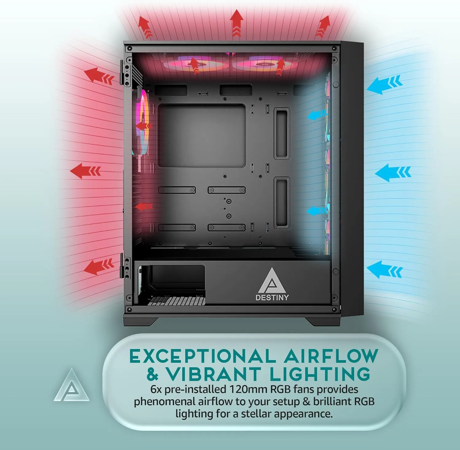 Apevia Destiny-PRO-BK Destiny Pro Mid Tower Gaming PC Case w/ 6X 120mm ARGB Fans, 366 RGB Light Modes, 1x Glass Front Panel, 1x Door Swivel Style Magnetic Glass Side Panel, 2X USB3.0, Black