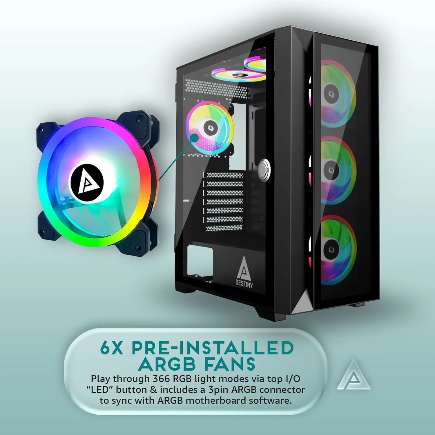 Apevia Destiny-PRO-BK Destiny Pro Mid Tower Gaming PC Case w/ 6X 120mm ARGB Fans, 366 RGB Light Modes, 1x Glass Front Panel, 1x Door Swivel Style Magnetic Glass Side Panel, 2X USB3.0, Black