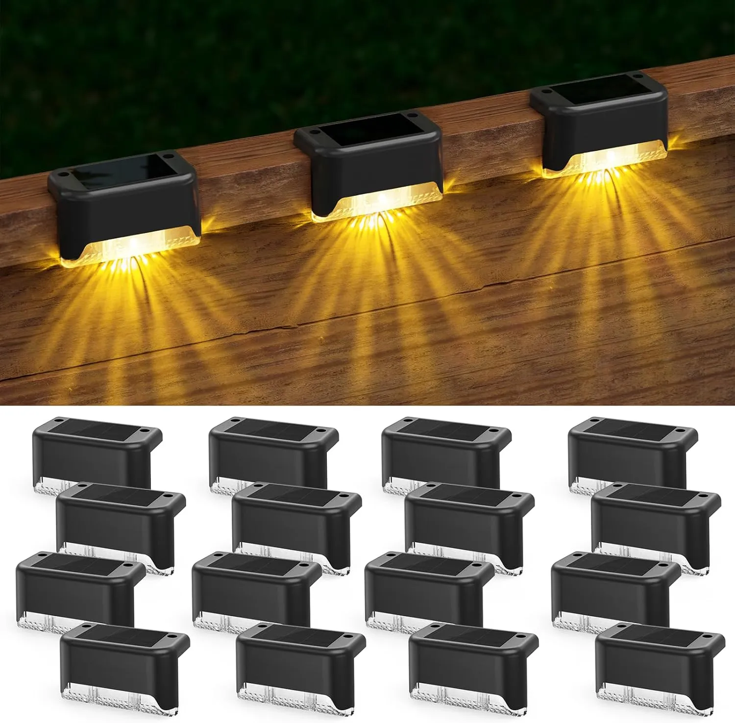 APONUO Solar Deck Lights 16 Pack, Solar Lights Outdoor Waterproof Led Solar Step Lights for Outside Stairs,Fence,Backyard,Patio（Warm White）