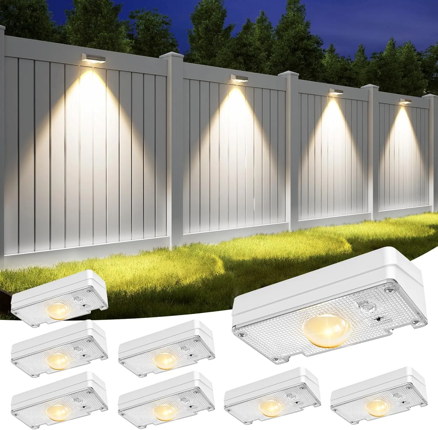APONUO Solar Fence Lights Outdoor Waterproof, Fence Lights Solar Powered, 12 RGB Color Modes & Warm & Cool White, Fences Solar Light Outdoor for Backyard, Patio, Yard, Wall, Deck（White, 8 Pack）