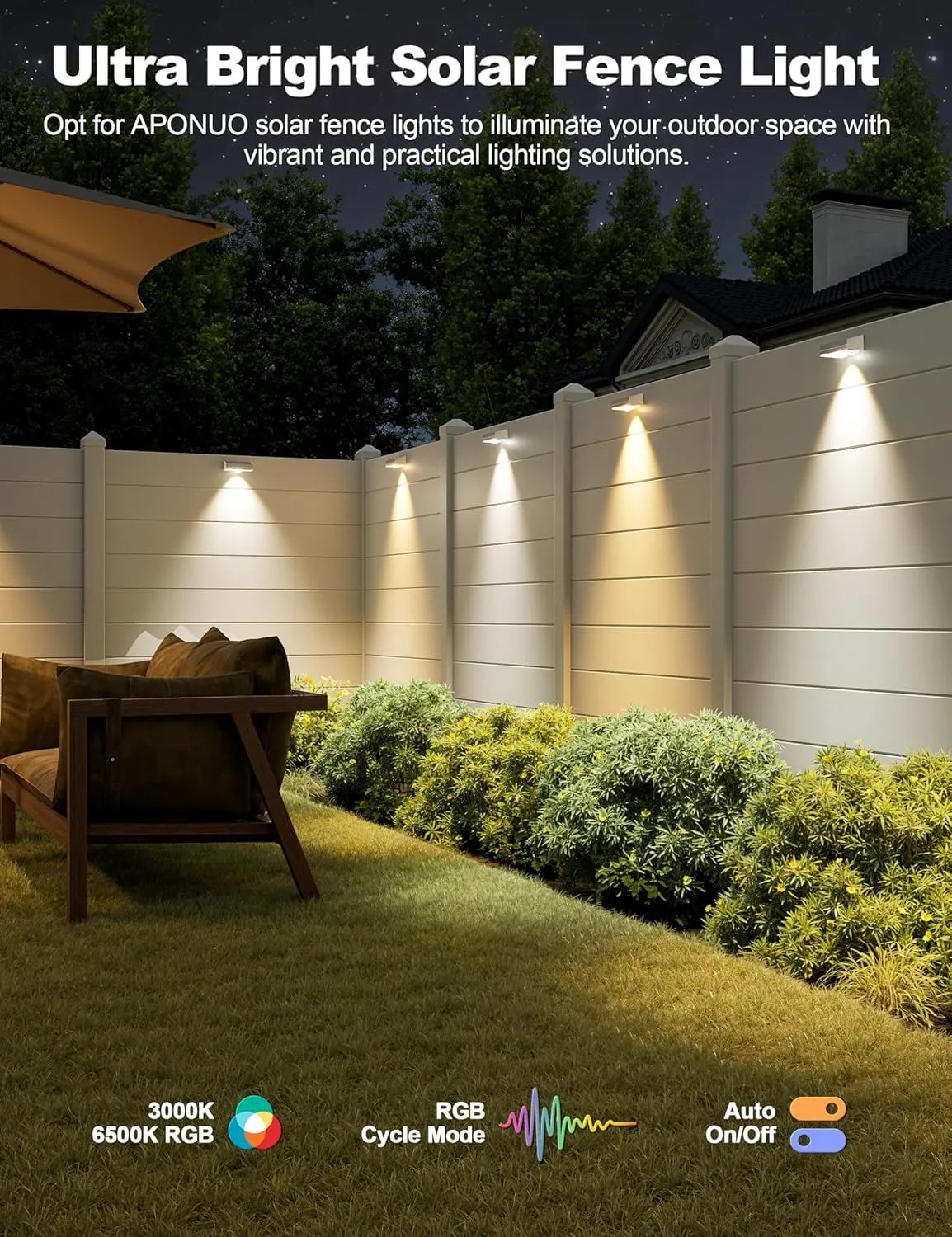 APONUO Solar Fence Lights Outdoor Waterproof, Fence Lights Solar Powered, 12 RGB Color Modes & Warm & Cool White, Fences Solar Light Outdoor for Backyard, Patio, Yard, Wall, Deck（White, 8 Pack）