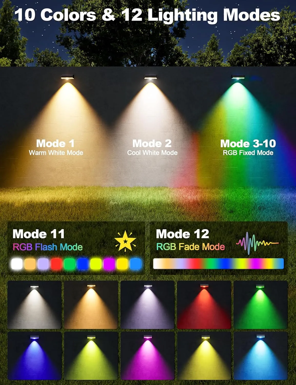 APONUO Solar Fence Lights Outdoor Waterproof, Fence Lights Solar Powered, 12 RGB Color Modes & Warm & Cool White, Fences Solar Light Outdoor for Backyard, Patio, Yard, Wall, Deck（White, 8 Pack）