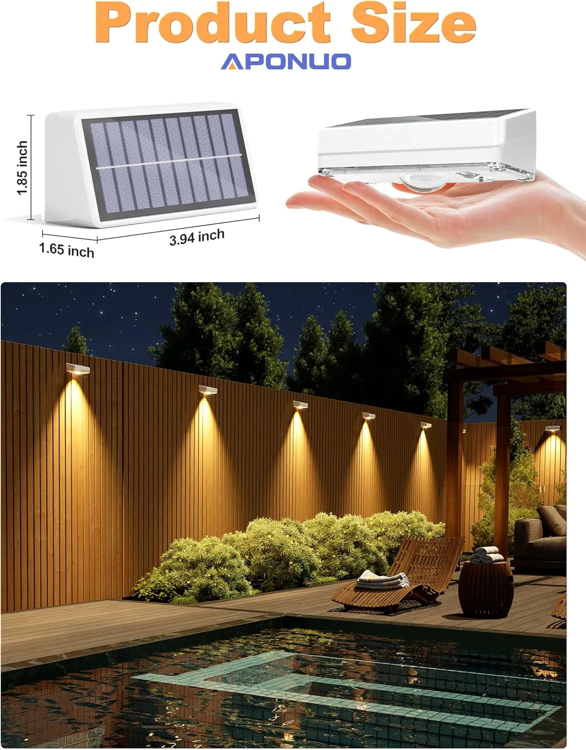 APONUO Solar Fence Lights Outdoor Waterproof, Fence Lights Solar Powered, 12 RGB Color Modes & Warm & Cool White, Fences Solar Light Outdoor for Backyard, Patio, Yard, Wall, Deck（White, 8 Pack）