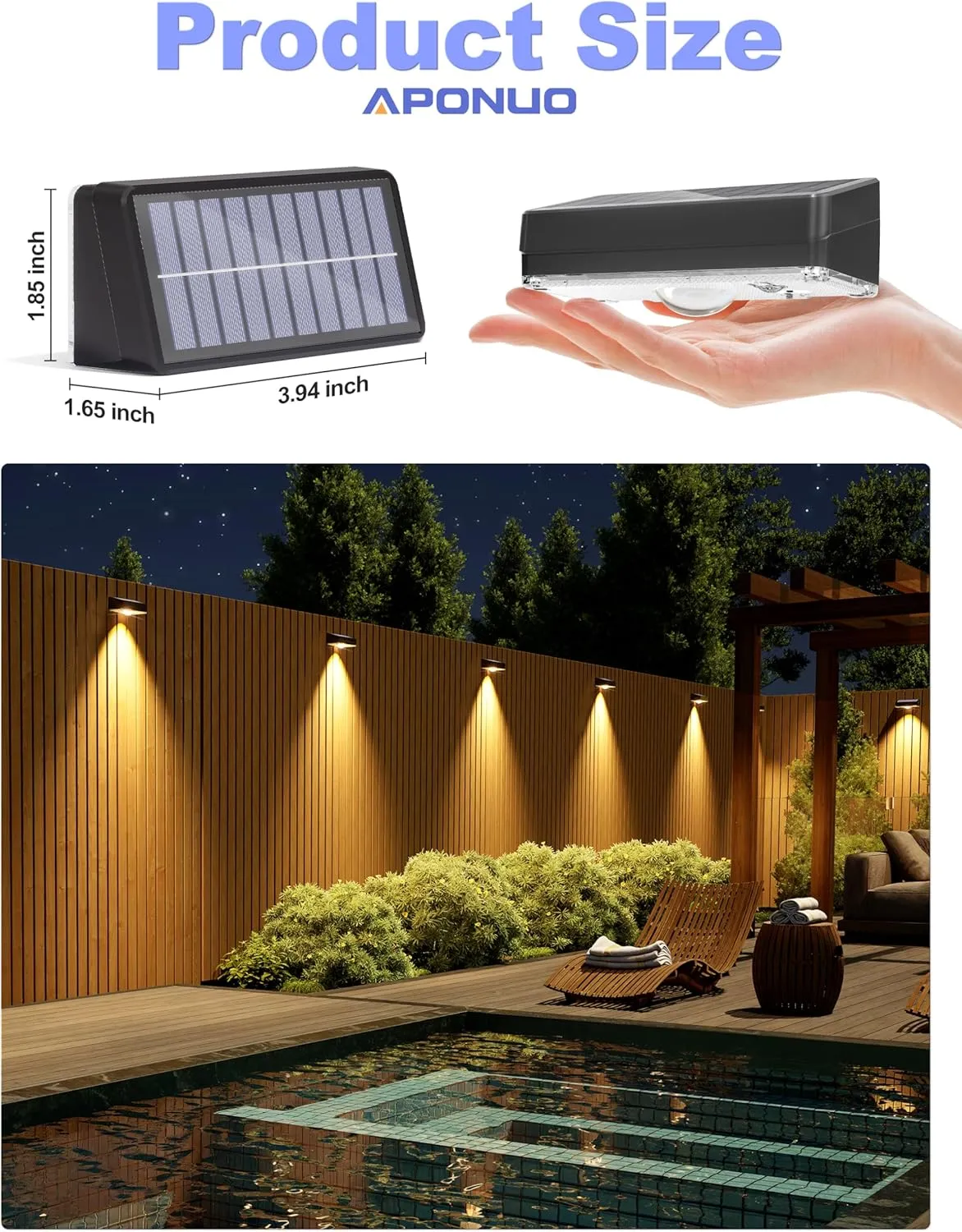 APONUO Solar Fence Lights Outdoor Waterproof, Fence Lights Solar Powered, 12 RGB Color Modes & Warm White & Cool White, Fence Solar Light Outdoor for Backyard, Patio, Yard, Wall, Deck（Black, 8 Pack）