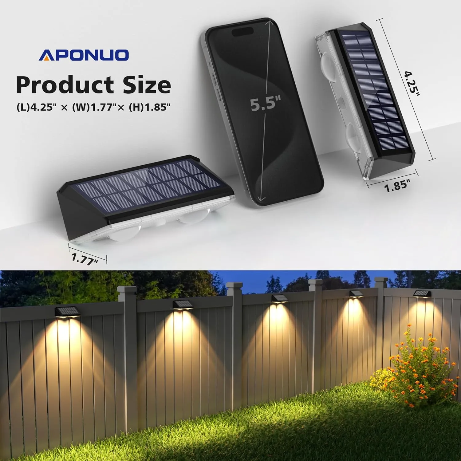 APONUO Solar Fence Lights Outdoor Waterproof, Fence Lights Solar Powered, 9 RGB Color Modes&Warm White&Cool White, Fence Solar Light Outdoor for Backyard, Patio, Wall, Yard,Deck（Black, 12 Pack）