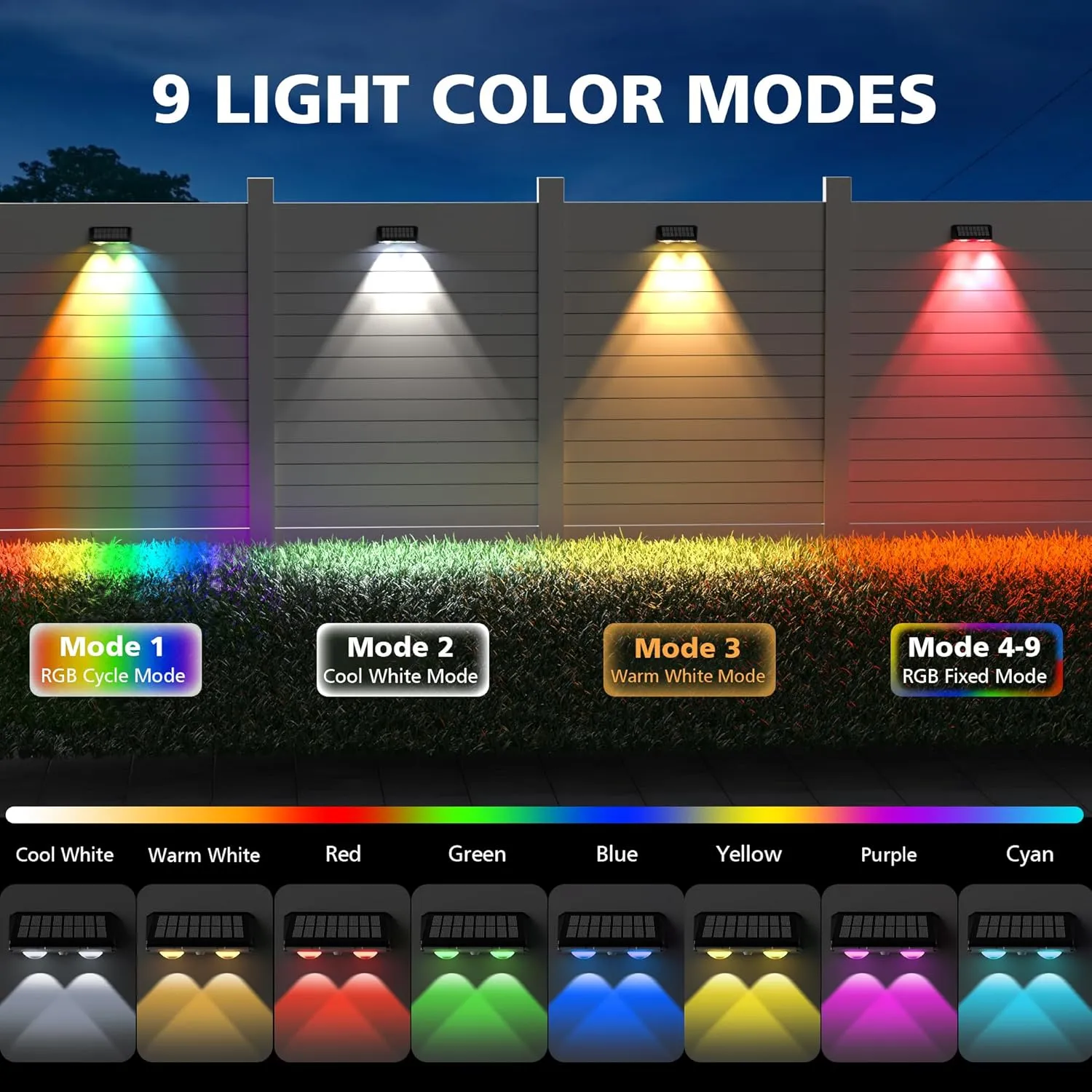 APONUO Solar Fence Lights Outdoor Waterproof, Fence Lights Solar Powered, 9 RGB Color Modes&Warm White&Cool White, Fence Solar Light Outdoor for Backyard, Patio, Wall, Yard,Deck（Black, 12 Pack）