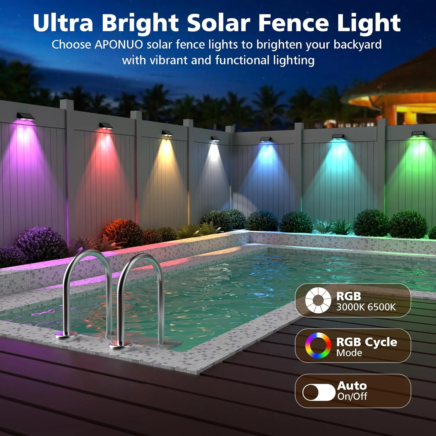 APONUO Solar Fence Lights Outdoor Waterproof, Fence Lights Solar Powered, 9 RGB Color Modes&Warm White&Cool White, Fence Solar Light Outdoor for Backyard, Patio, Wall, Yard,Deck（Black, 12 Pack）