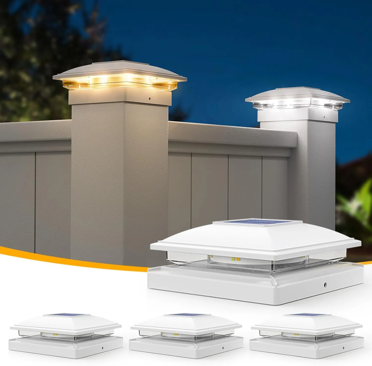 APONUO Solar Post Lights, 4 Pack 2-Modes Bright 5x5 Vinyl Fence Post Caps, Outdoor Waterproof Garden Patio Fence Deck Decor for 4x4, 6x6 Wood, 5x5 Vinyl