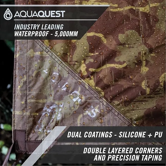 AquaQuest Safari Camping Tarp - Lightweight Durable Rain Fly - Waterproof Camping Essentials for Hiking, Backpacking & Hammock, 15 x 15 ft, True Terrain Camo