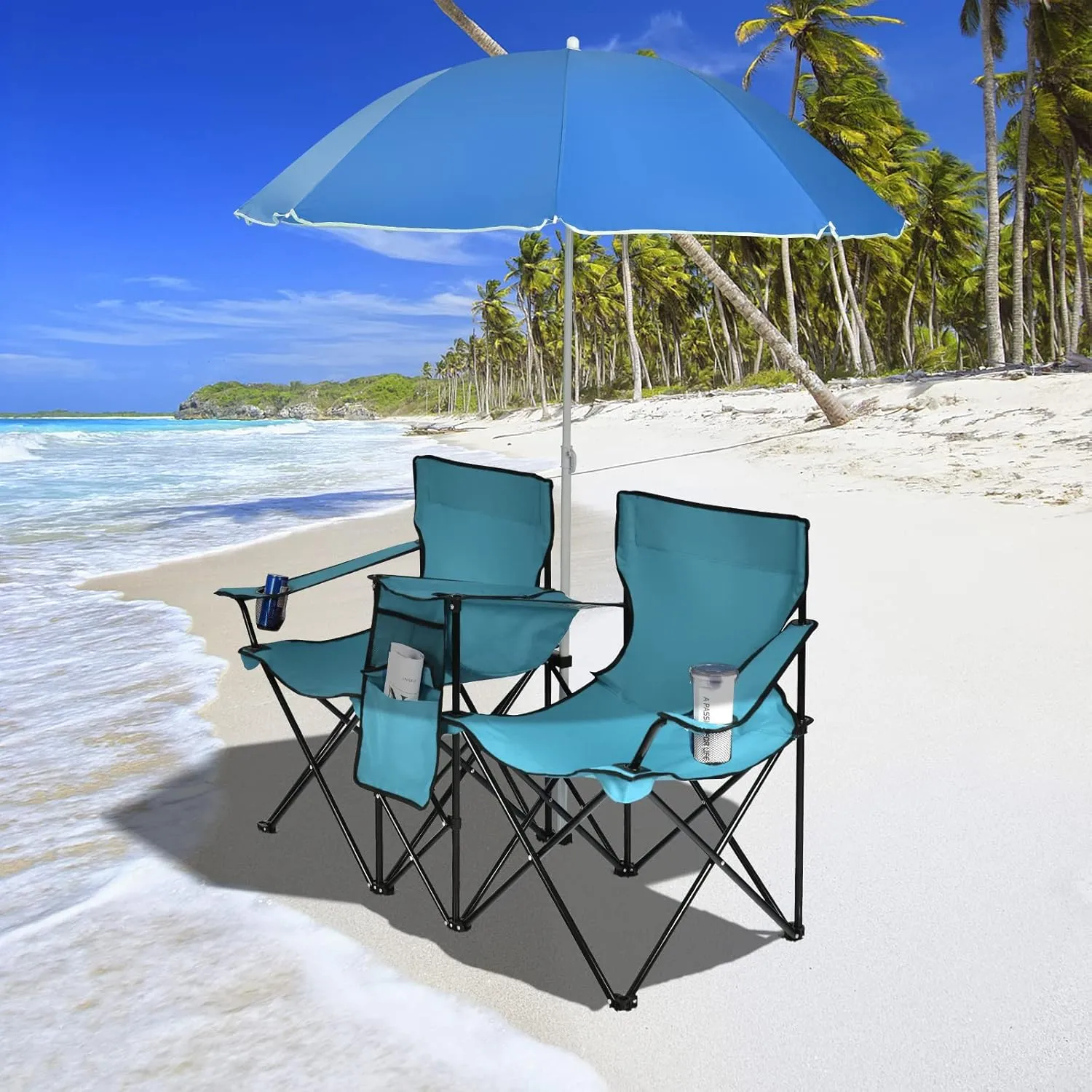 ARLIME Double Folding Beach Chairs with Umbrella, Outdoor Picnic Portable Loveseat Chairs with Removable umbrella & Mini Table Carrying Bag, Camping Chair for Patio, Pool, Park (Turquoise)